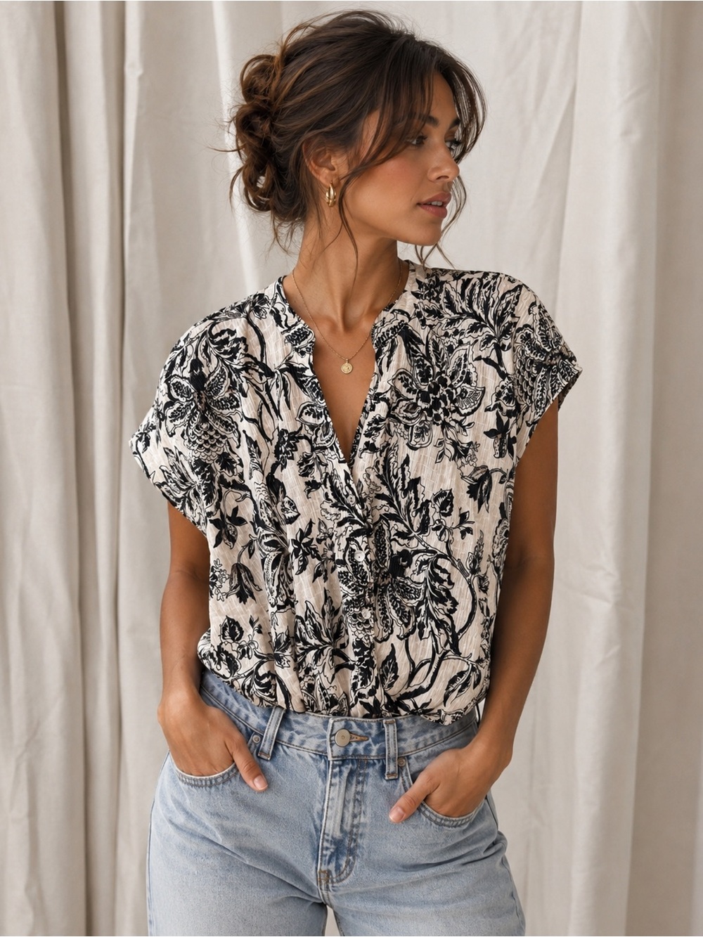 Chenault Black & Tan Floral Short Sleeve Blouse